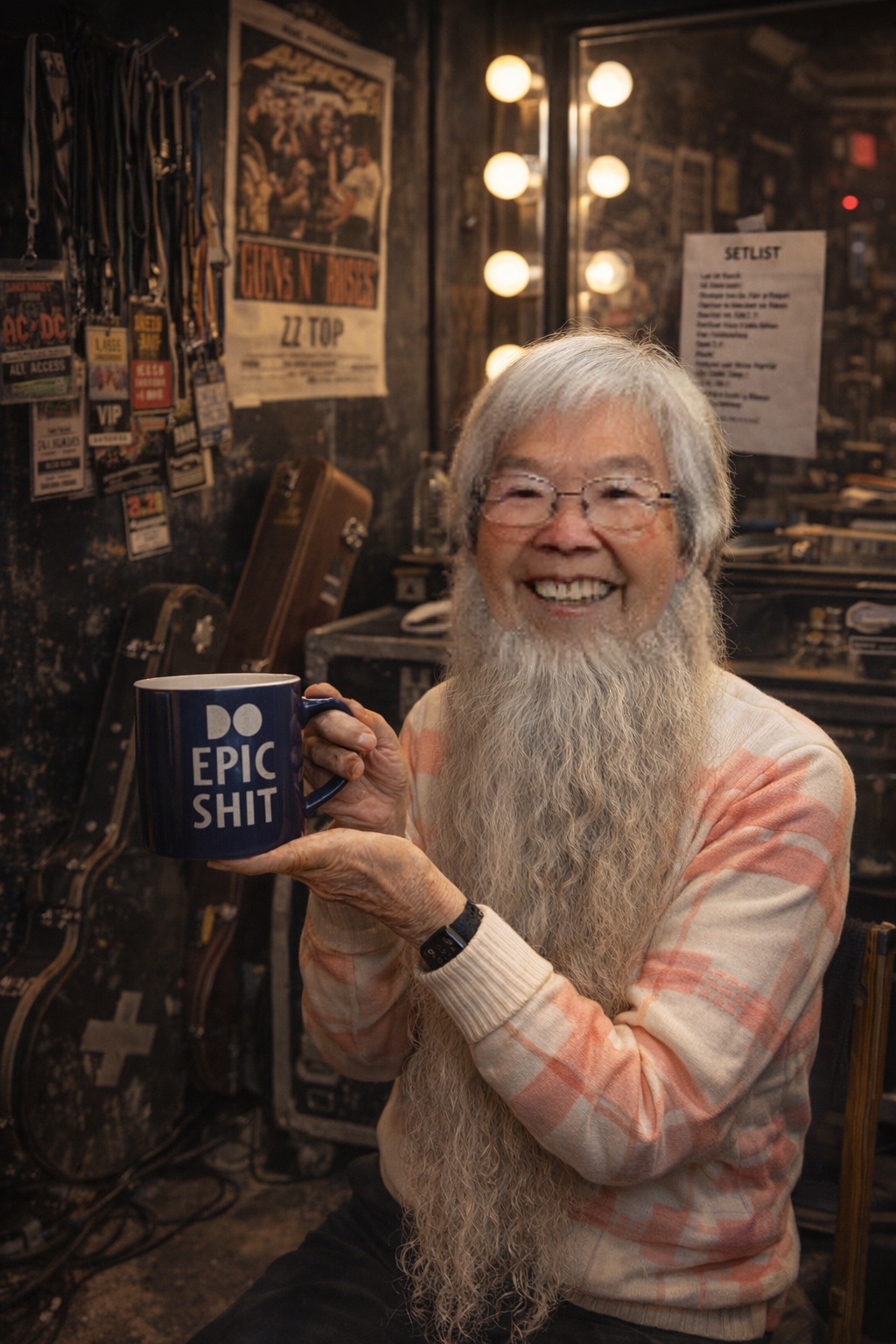 Mimi backstage with DO EPIC SHIT mug